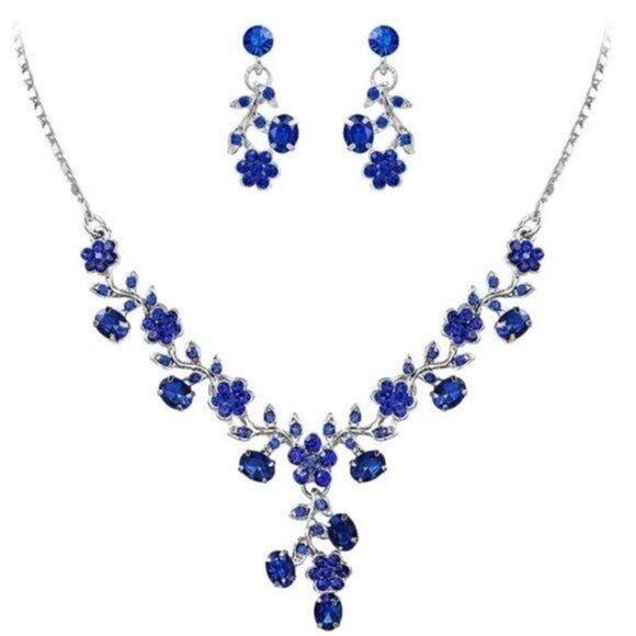Silver and Blue Sapphire Austrian Crystal Flower Leaf Necklace and Earrings Set - Picture 1 of 7